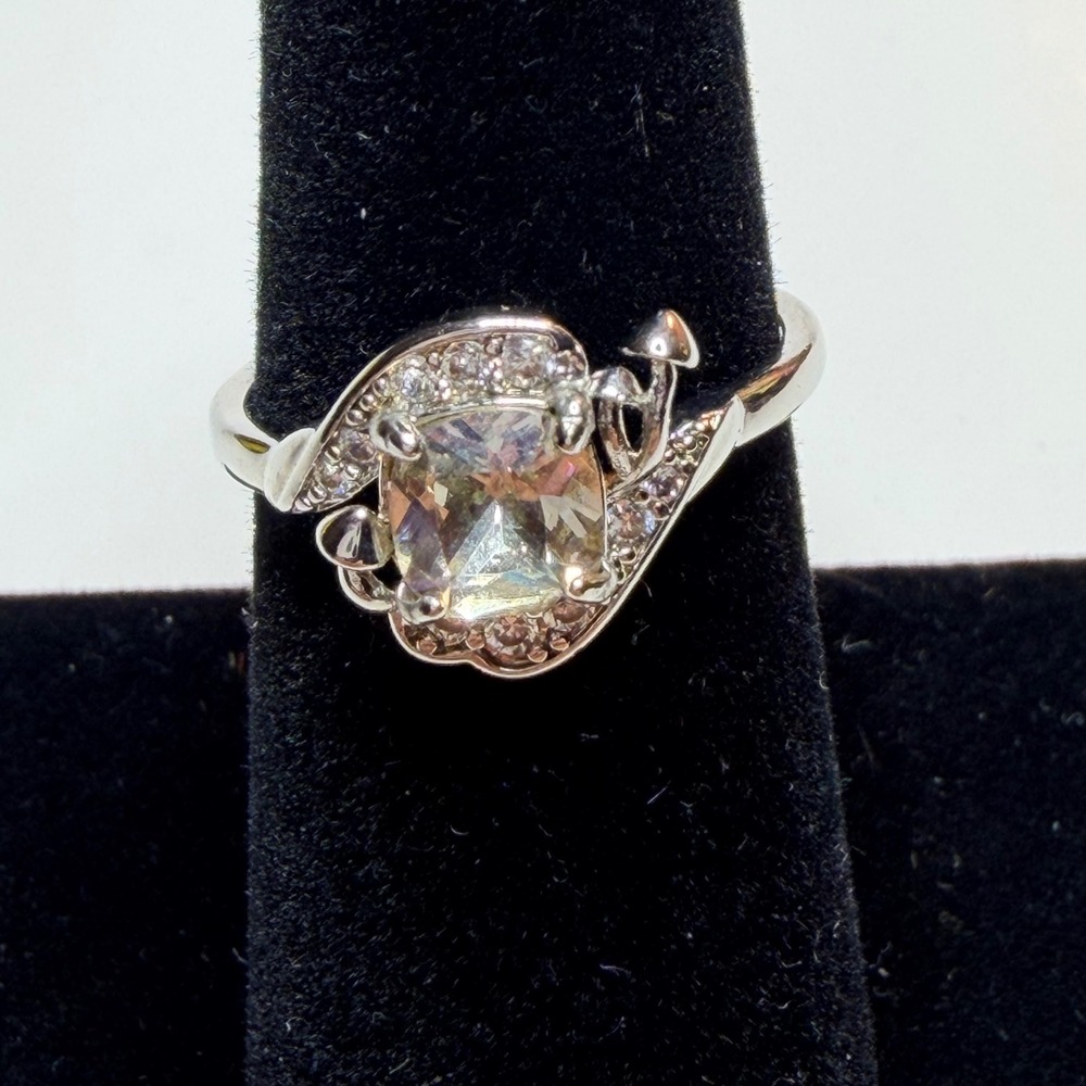Fragrant Jewels Mushroom Ring Iridescent Stone Silver Tone Size 7 Whimsical Pavé